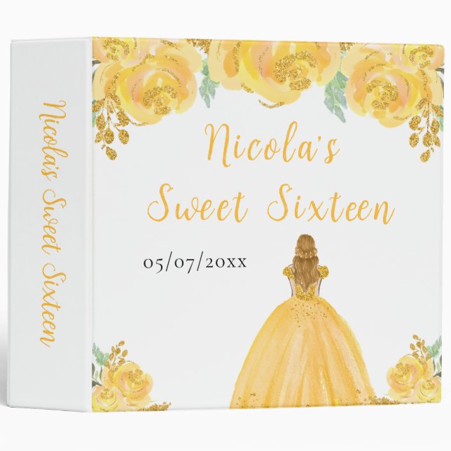 Blonde Hair Princess Gold Floral Sweet Sixteen  3 Ring Binder (Front/Spine)
