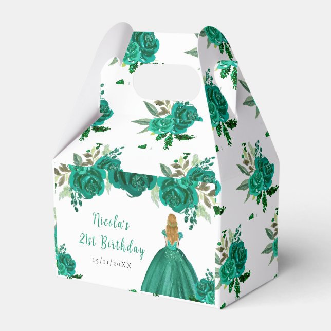 Blonde Hair Princess Green Floral Birthday Party Favor Boxes (Front Side)
