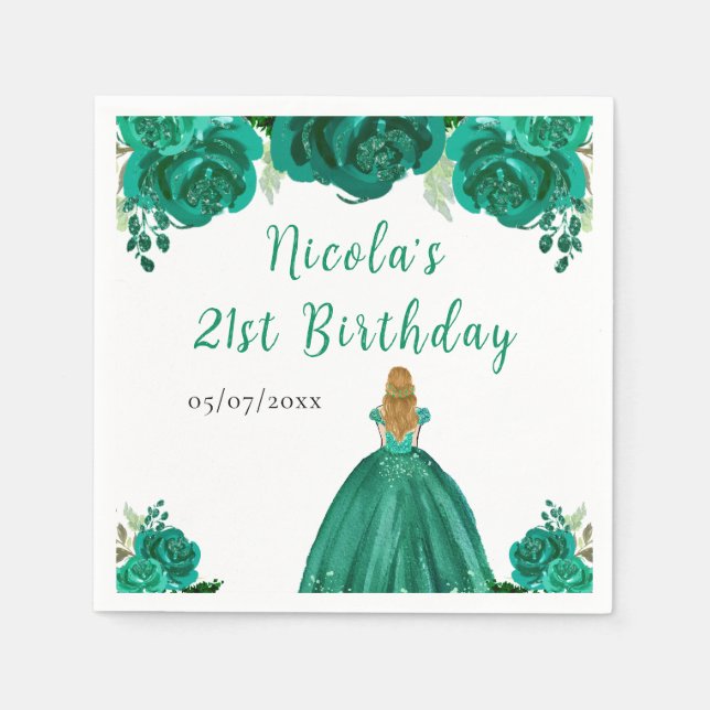 Blonde Hair Princess Green Floral Birthday Party Napkins (Front)