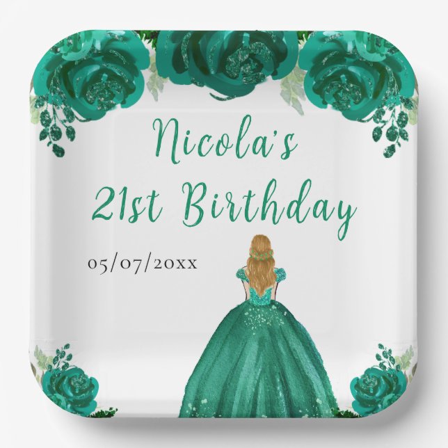 Blonde Hair Princess Green Floral Birthday Party Paper Plates (Front)