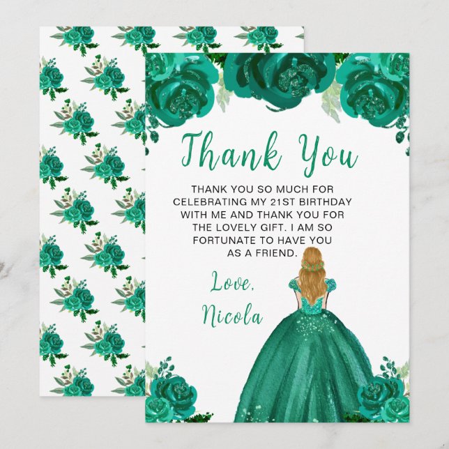 Blonde Hair Princess Green Floral Birthday Party Thank You Card (Front/Back)