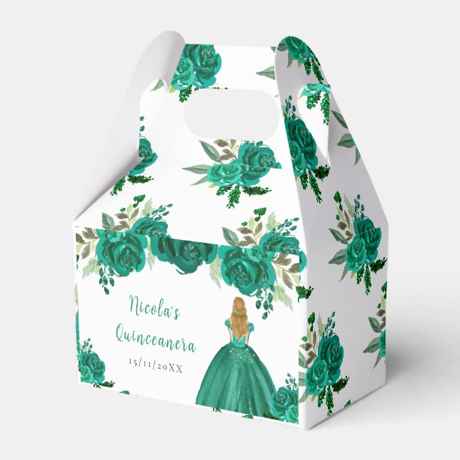 Blonde Hair Princess Green Floral Quinceanera Favor Boxes (Front Side)
