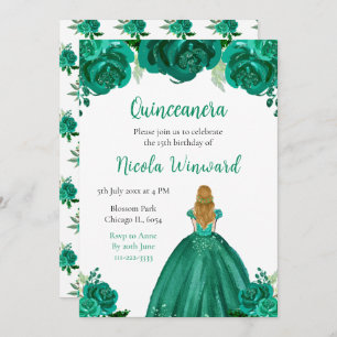 Blonde Hair Princess Green Floral Quinceanera Invitation