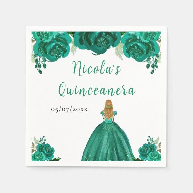 Blonde Hair Princess Green Floral Quinceanera Napkins (Front)