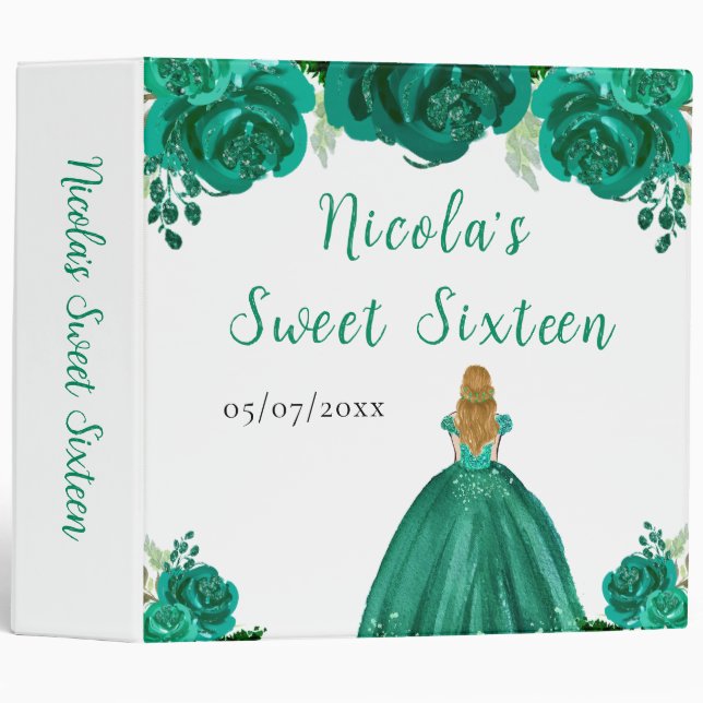 Blonde Hair Princess Green Floral Sweet Sixteen  3 Ring Binder (Front/Spine)