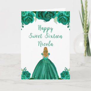 Blonde Hair Princess Green Floral Sweet Sixteen Card