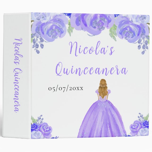 Blonde Hair Princess Lilac Quinceanera Photo Album 3 Ring Binder (Front/Spine)