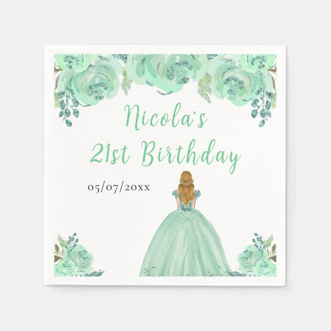 Blonde Hair Princess Mint Floral Birthday Party Napkins (Front)