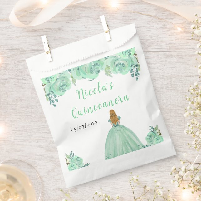 Blonde Hair Princess Mint Floral Quinceanera Favor Bag (Clipped)