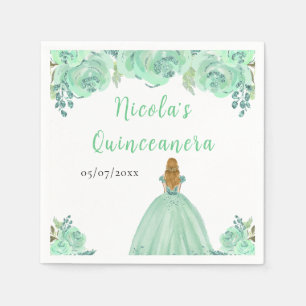 Blonde Hair Princess Mint Floral Quinceanera Napkins
