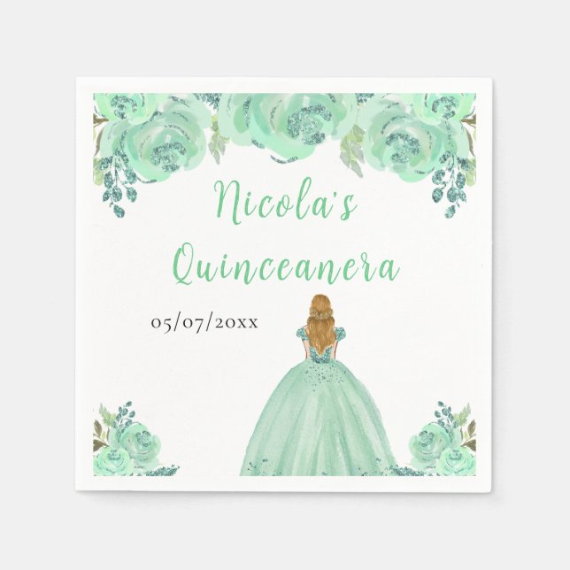Blonde Hair Princess Mint Floral Quinceanera Napkins (Front)