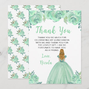 Blonde Hair Princess Mint Floral Quinceanera Thank You Card