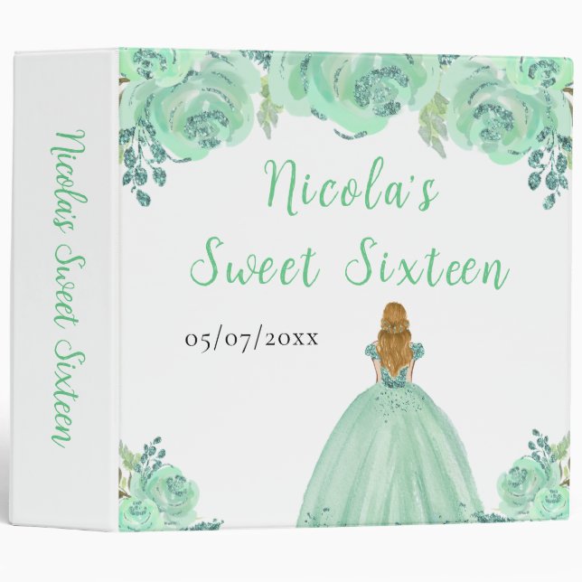 Blonde Hair Princess Mint Floral Sweet Sixteen  3 Ring Binder (Front/Spine)