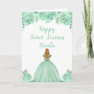 Blonde Hair Princess Mint Floral Sweet Sixteen Card