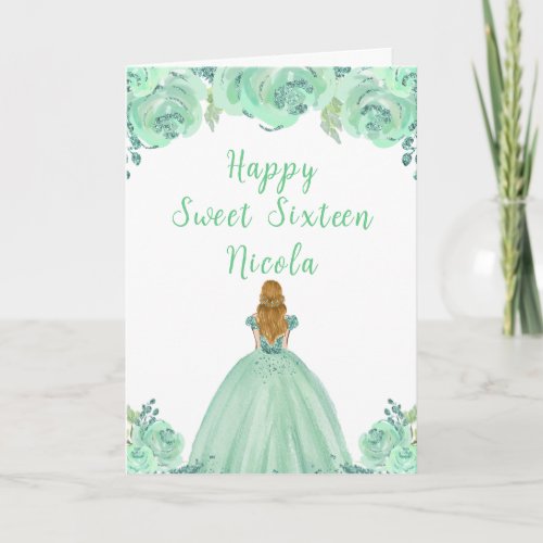 Blonde Hair Princess Mint Floral Sweet Sixteen  Card