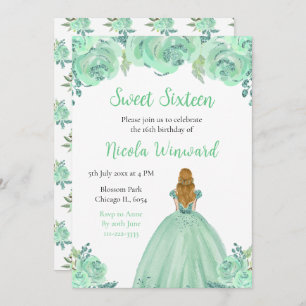 Blonde Hair Princess Mint Floral Sweet Sixteen Invitation
