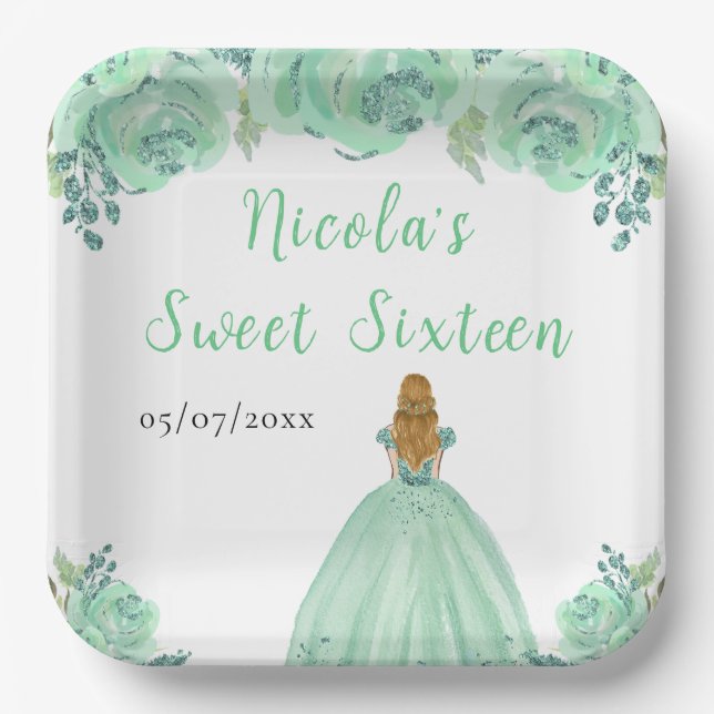 Blonde Hair Princess Mint Floral Sweet Sixteen  Paper Plates (Front)