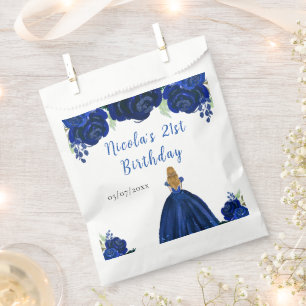 Blonde Hair Princess Navy Floral Birthday Party Favor Bag