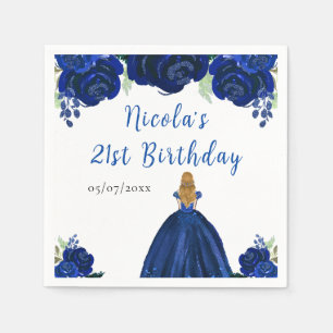 Blonde Hair Princess Navy Floral Birthday Party Napkins
