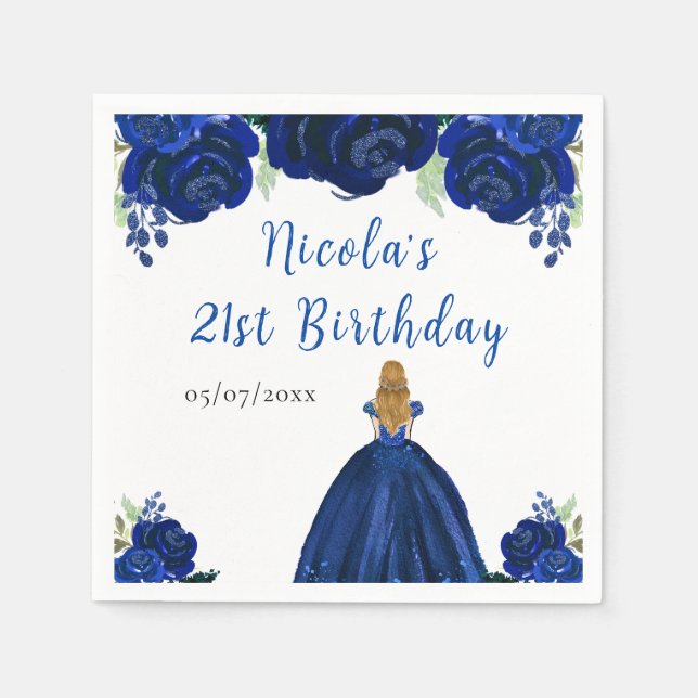 Blonde Hair Princess Navy Floral Birthday Party Napkins (Front)