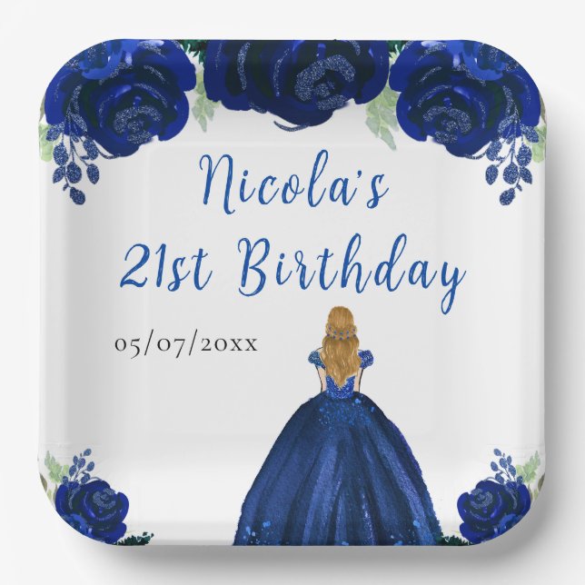 Blonde Hair Princess Navy Floral Birthday Party Paper Plates (Front)