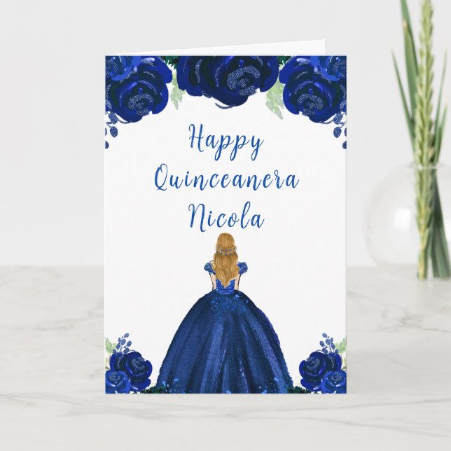 Blonde Hair Princess Navy Floral Quinceanera Card (Front)