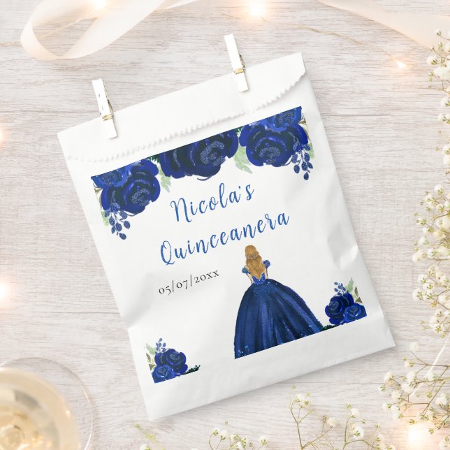 Blonde Hair Princess Navy Floral Quinceanera Favor Bag (Clipped)