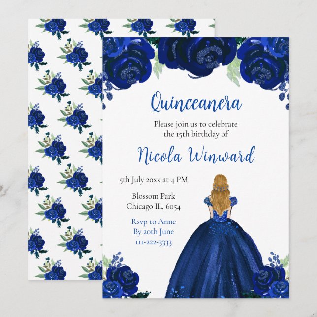 Blonde Hair Princess Navy Floral Quinceanera Invitation (Front/Back)