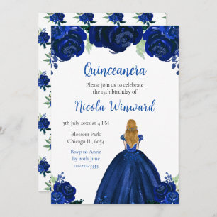 Blonde Hair Princess Navy Floral Quinceanera Invitation