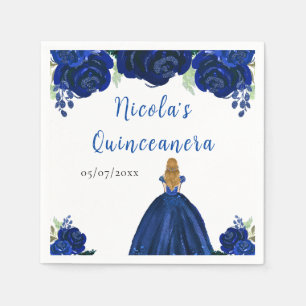 Blonde Hair Princess Navy Floral Quinceanera Napkins