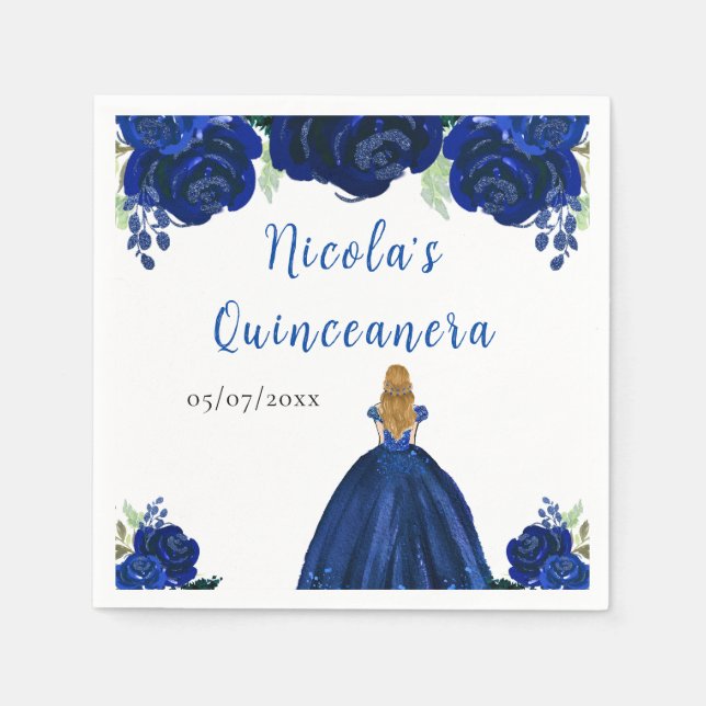 Blonde Hair Princess Navy Floral Quinceanera Napkins (Front)