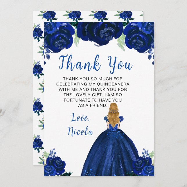 Blonde Hair Princess Navy Floral Quinceanera Thank You Card (Front/Back)