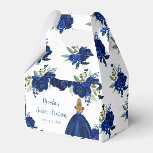 Blonde Hair Princess Navy Floral Sweet Sixteen Favor Boxes