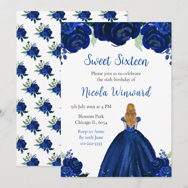 Blonde Hair Princess Navy Floral Sweet Sixteen Invitation (Front/Back)
