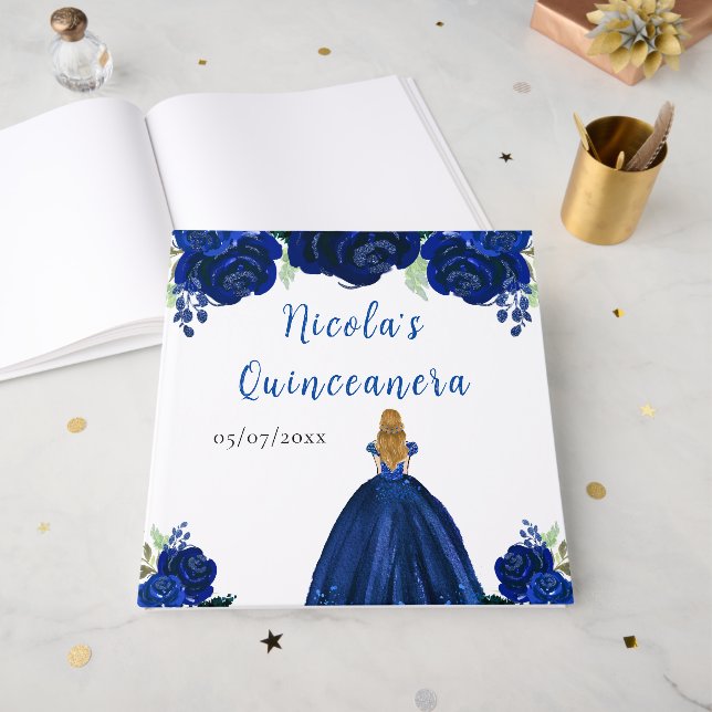 Blonde Hair Princess Navy Quinceanera Guest Book (Front Open)