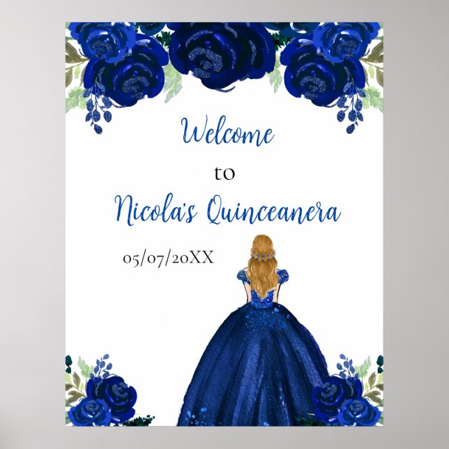 Blonde Hair Princess Navy Quinceanera Welcome Poster (Front)