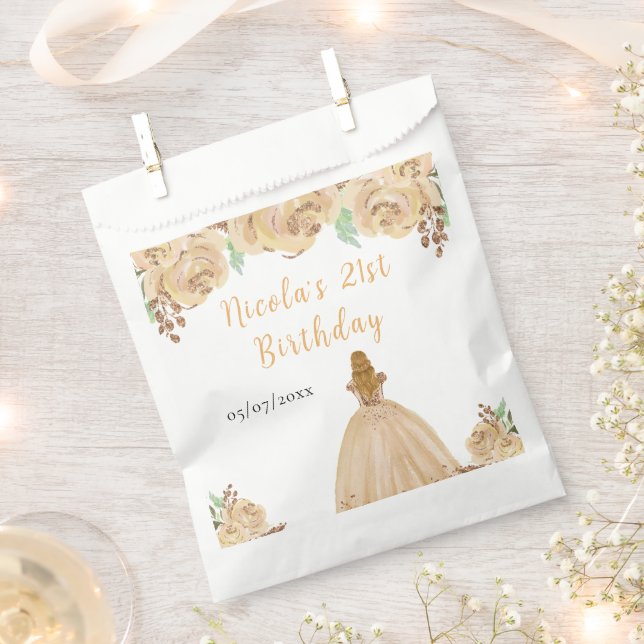 Blonde Hair Princess Peach Floral Birthday Party Favor Bag (Clipped)