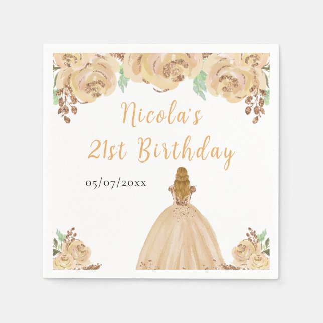 Blonde Hair Princess Peach Floral Birthday Party Napkins (Front)