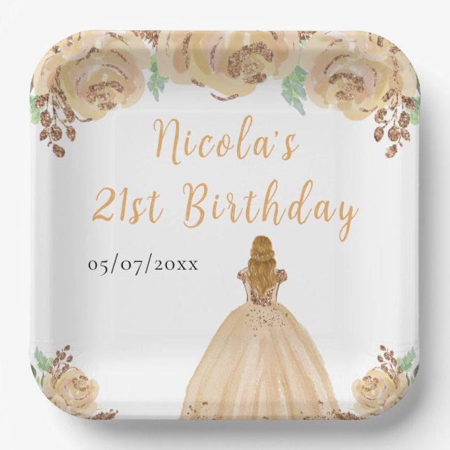 Blonde Hair Princess Peach Floral Birthday Party Paper Plates (Front)