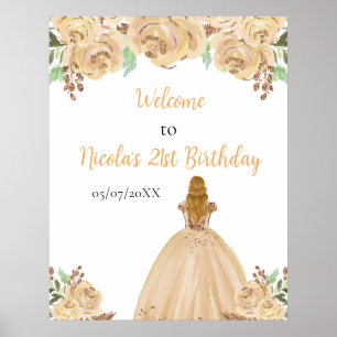 Blonde Hair Princess Peach Floral Birthday Welcome Poster