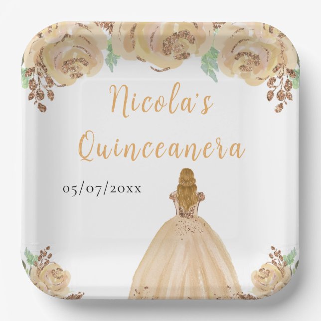 Blonde Hair Princess Peach Floral Quinceanera Paper Plates (Front)
