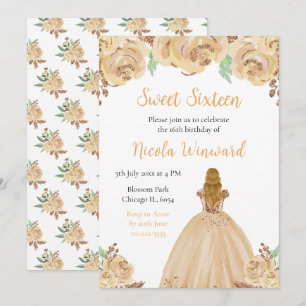 Blonde Hair Princess Peach Floral Sweet Sixteen Invitation