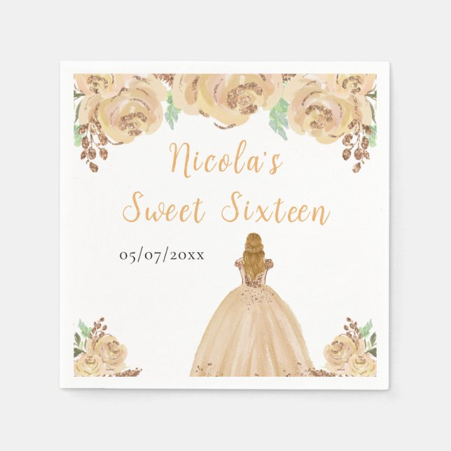 Blonde Hair Princess Peach Floral Sweet Sixteen  Napkins (Front)