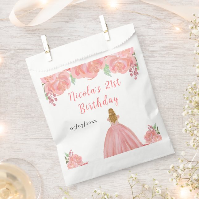 Blonde Hair Princess Pink Floral Birthday Party Favor Bag (Clipped)