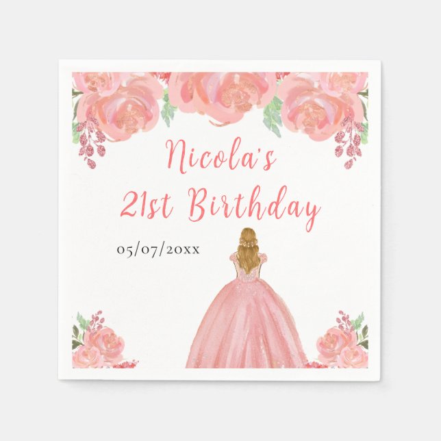 Blonde Hair Princess Pink Floral Birthday Party Napkins (Front)