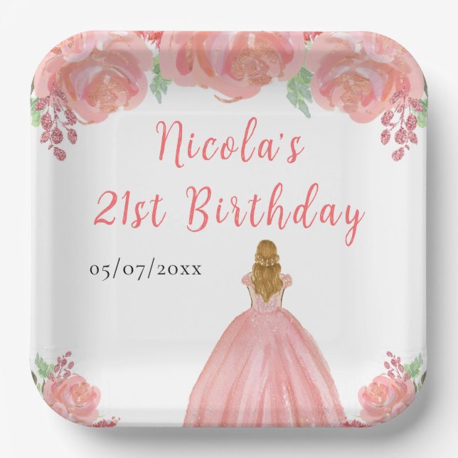 Blonde Hair Princess Pink Floral Birthday Party Paper Plates (Front)