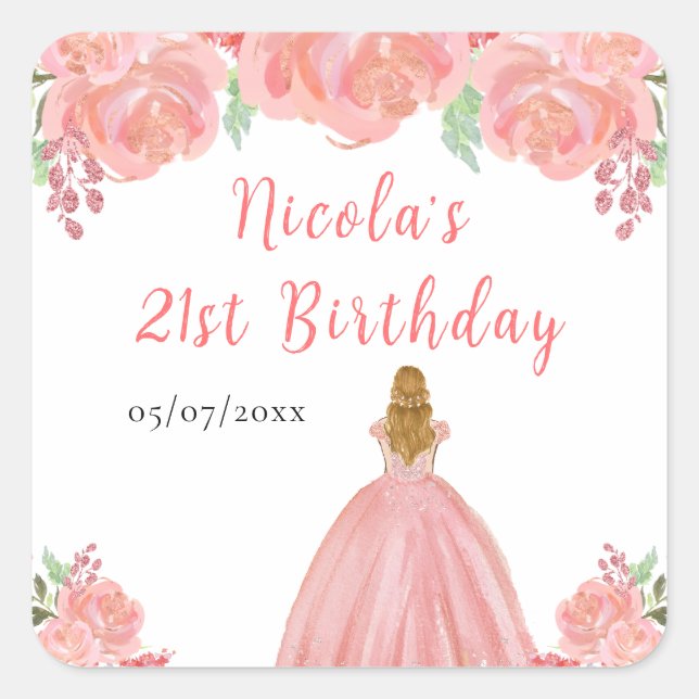 Blonde Hair Princess Pink Floral Birthday Party Square Sticker (Front)