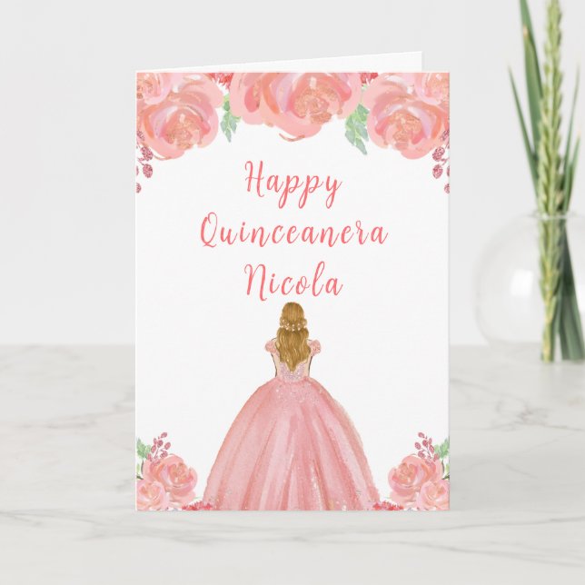 Blonde Hair Princess Pink Floral Quinceanera Card (Front)