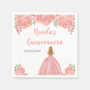 Blonde Hair Princess Pink Floral Quinceanera Napkins