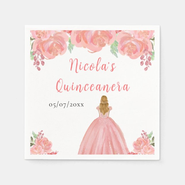 Blonde Hair Princess Pink Floral Quinceanera Napkins (Front)